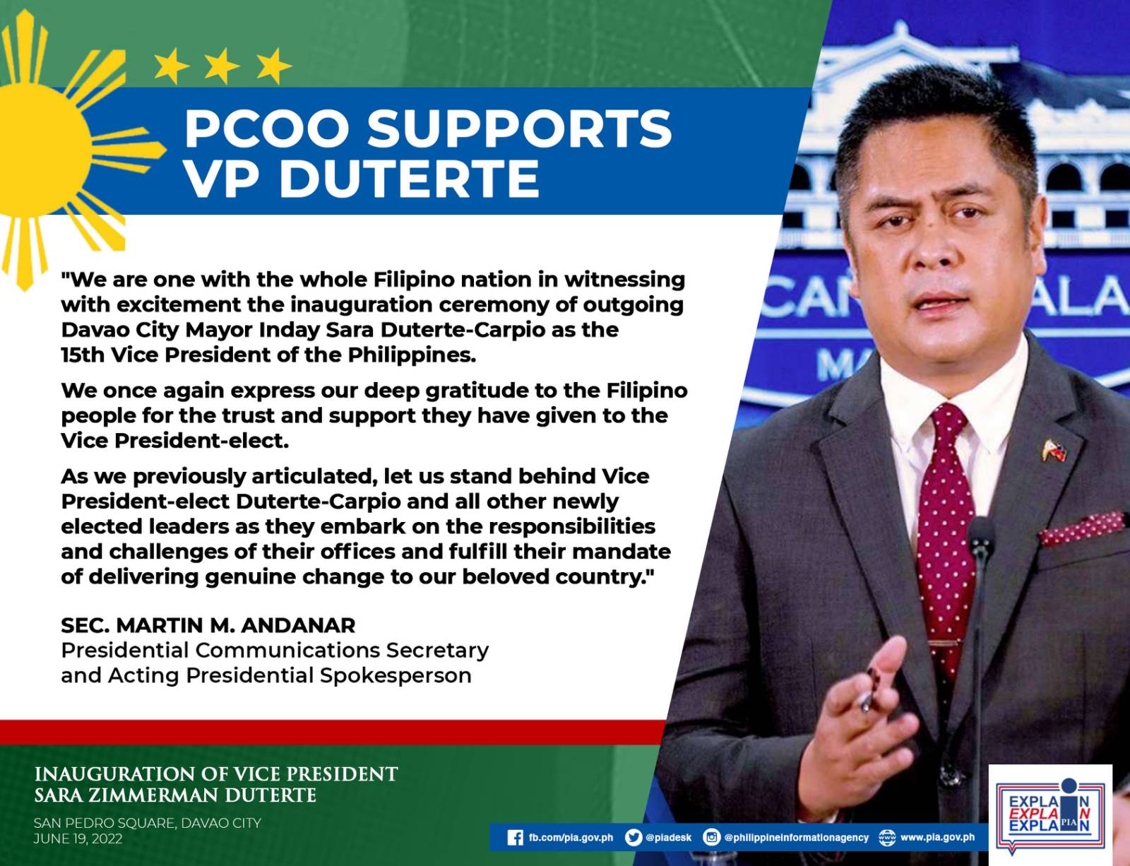 Statement on the inauguration of Mayor Inday Sara Duterte-Carpio as Vice President
