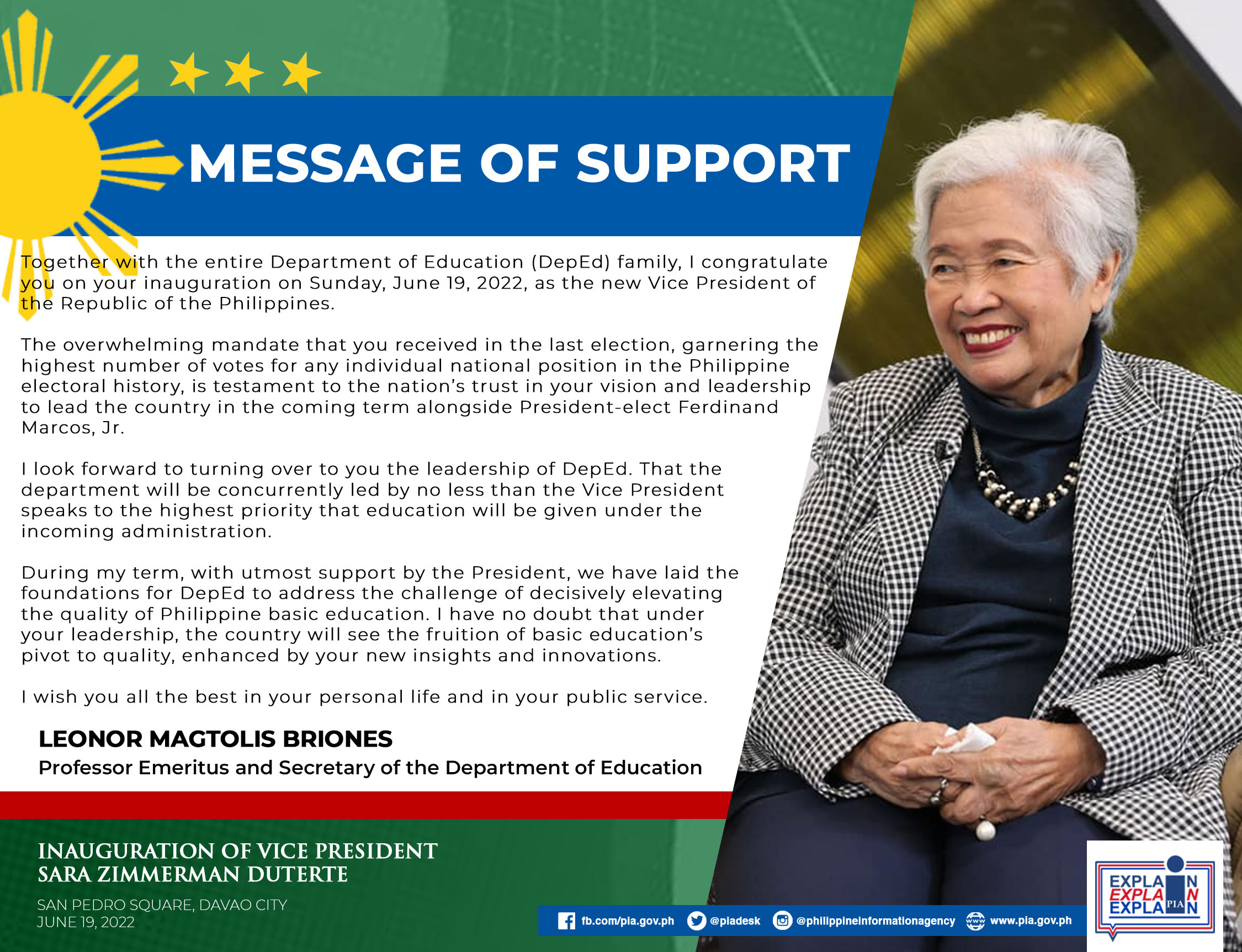 Message of Support from DepEd Secretary Leonor Magtolis Briones to Vice-President elect Sara Z. Duterte